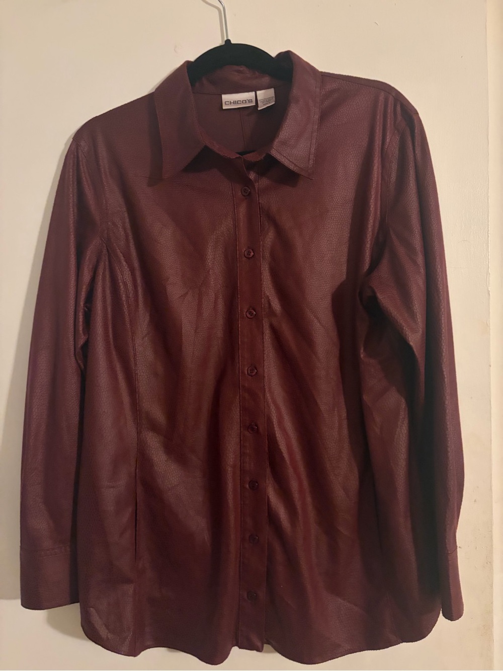 Chico's Woman’s  Faux Leather Button-Up Shirt in Burgundy